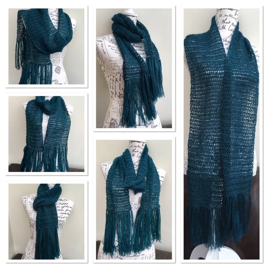 Teal Green Long Crocheted Scarf with Fringe Detail for Winter Warmth.