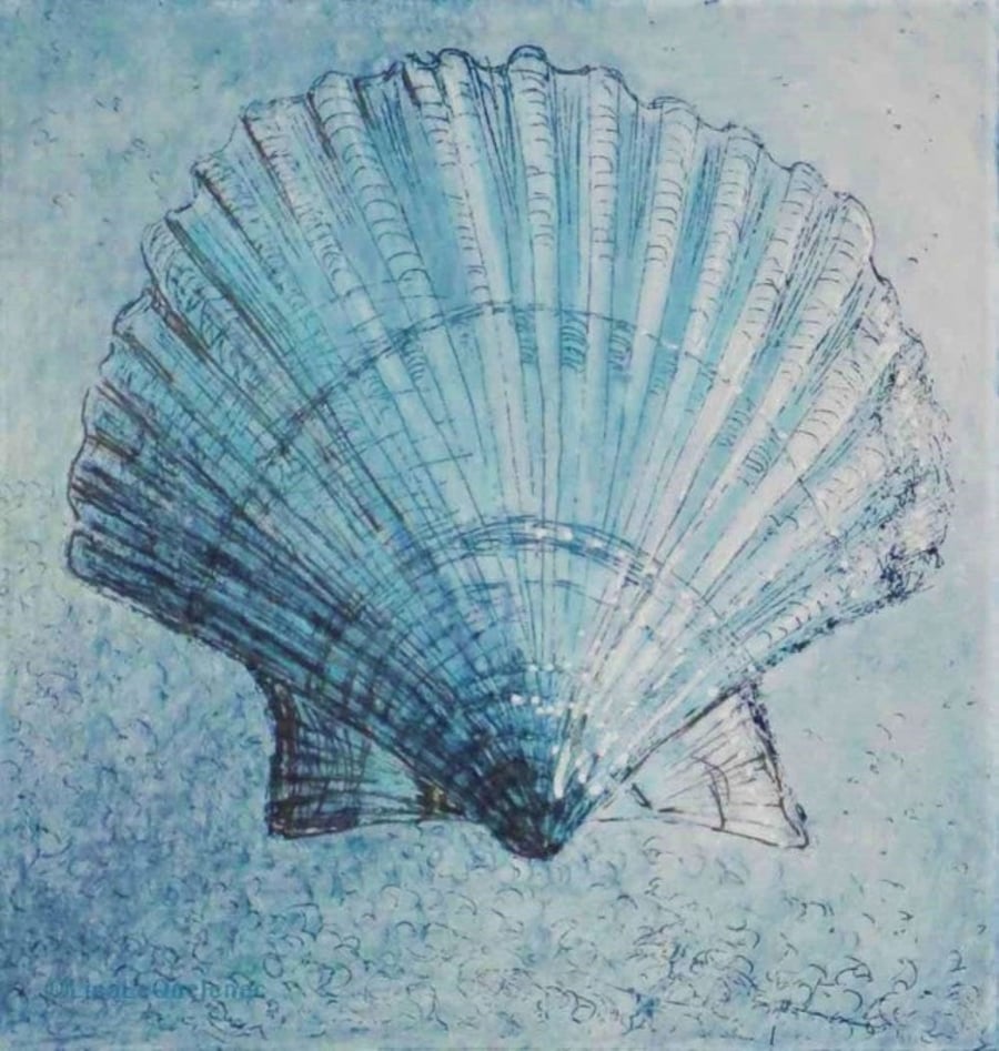 Scallop shell study original etching print with mixed media art work in blue