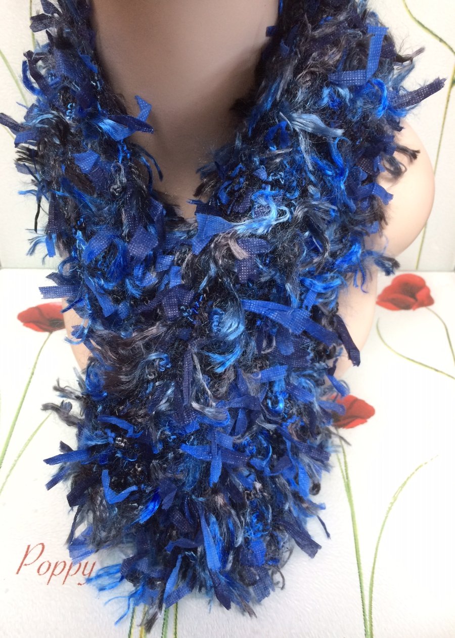 Hand Knitted Blue Fashion Scarf for Girls Ladies by Poppy Kay Designs
