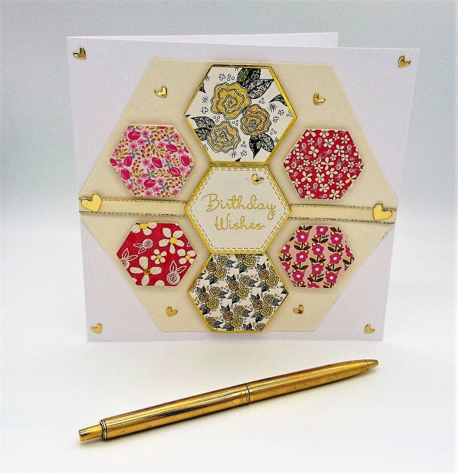 Handmade Birthday Card Birthday Wishes Hexagon Forals and Hearts  FREE P&P UK 