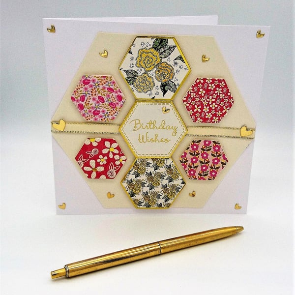 Handmade Birthday Card Birthday Wishes Hexagon Forals and Hearts  FREE P&P UK 