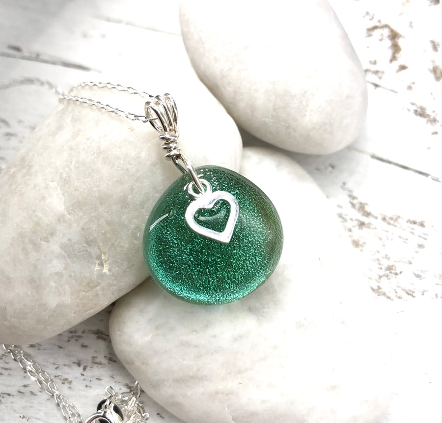 Pretty Sterling Silver & Sea Green Glass Necklace with Silver Heart Charm
