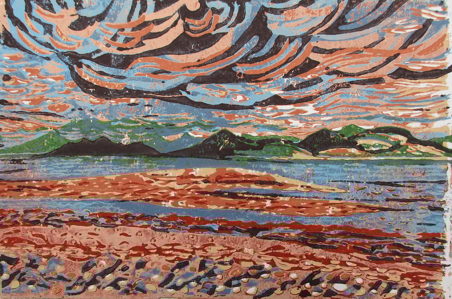 Isle of Arran from Skipness - Original Hand Pressed Reduction Linocut Ltd Ed