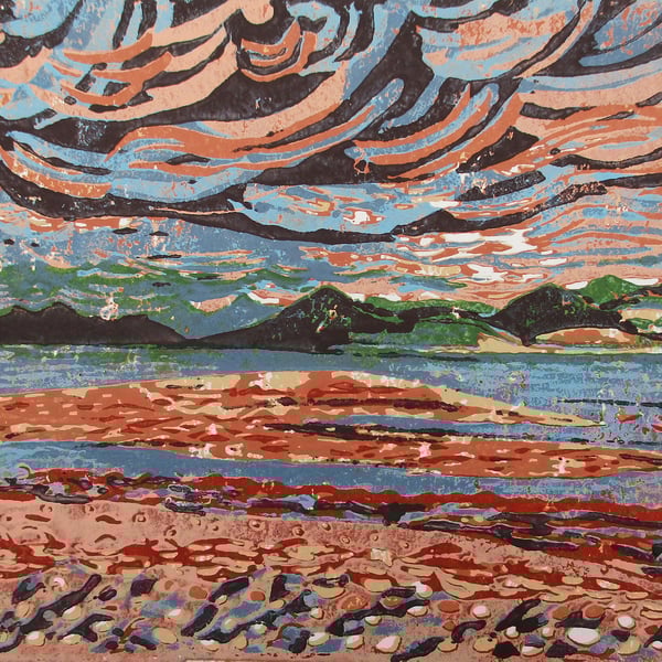 Isle of Arran from Skipness - Original Hand Pressed Reduction Linocut Ltd Ed