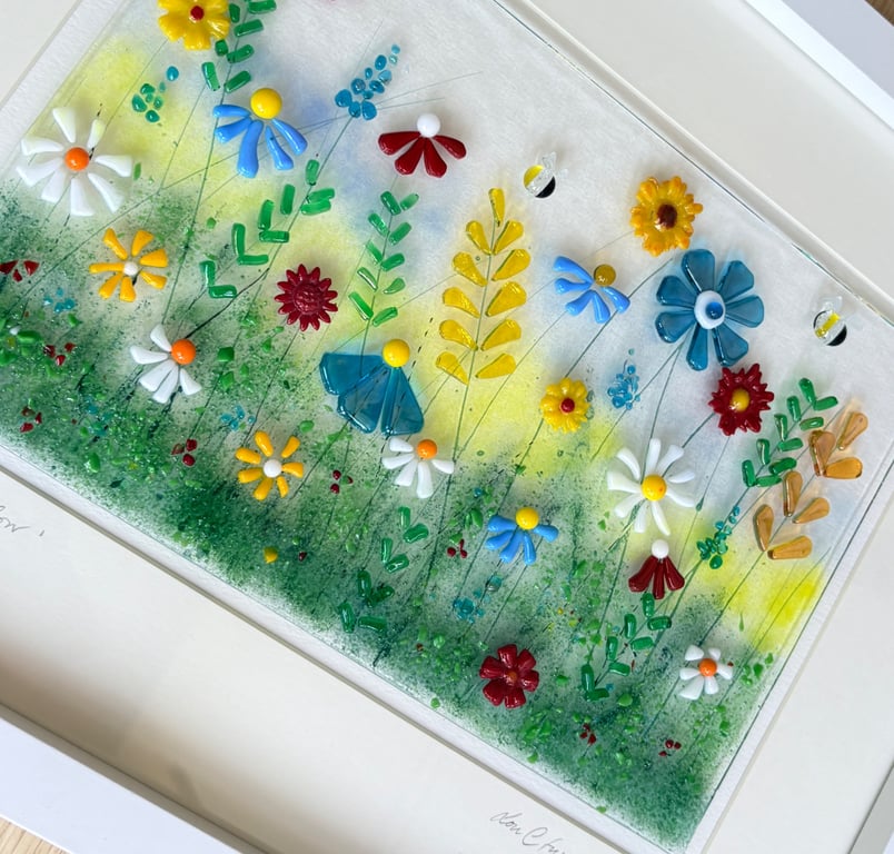Gorgeous fused glass floral art framed picture