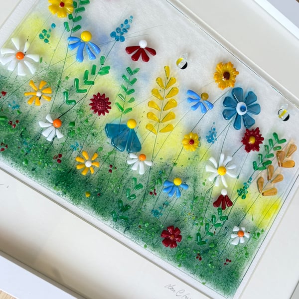 Gorgeous fused glass floral art framed picture