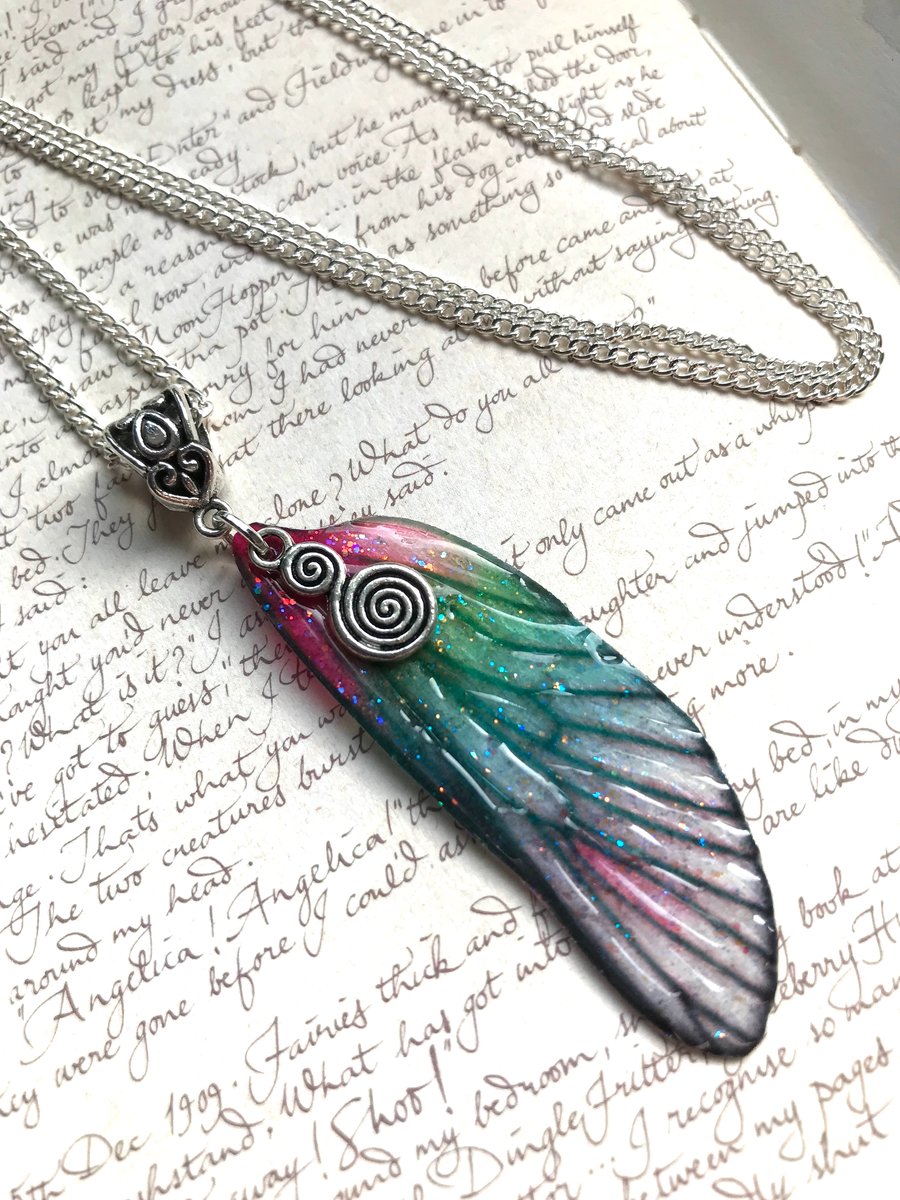 Pink and Green Spiral Fairy Wing Necklace