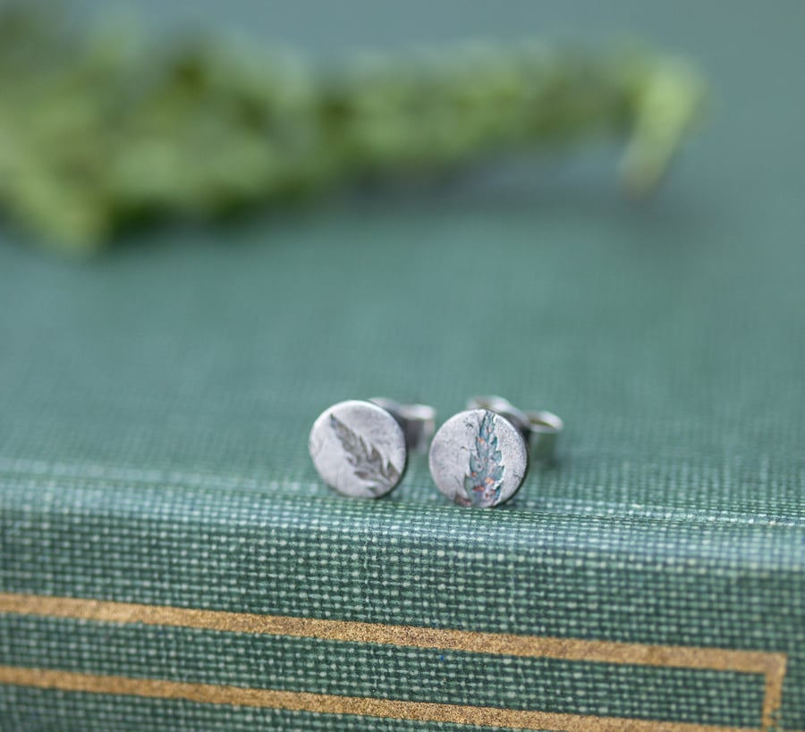 Recycled Silver Tiny Fern Leaf Print Stud Earrings