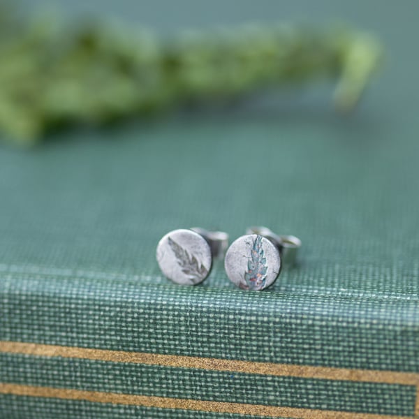 Recycled Silver Tiny Fern Leaf Print Stud Earrings