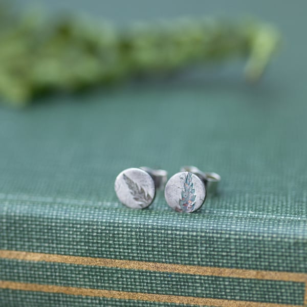 Recycled Silver Tiny Fern Leaf Print Stud Earrings