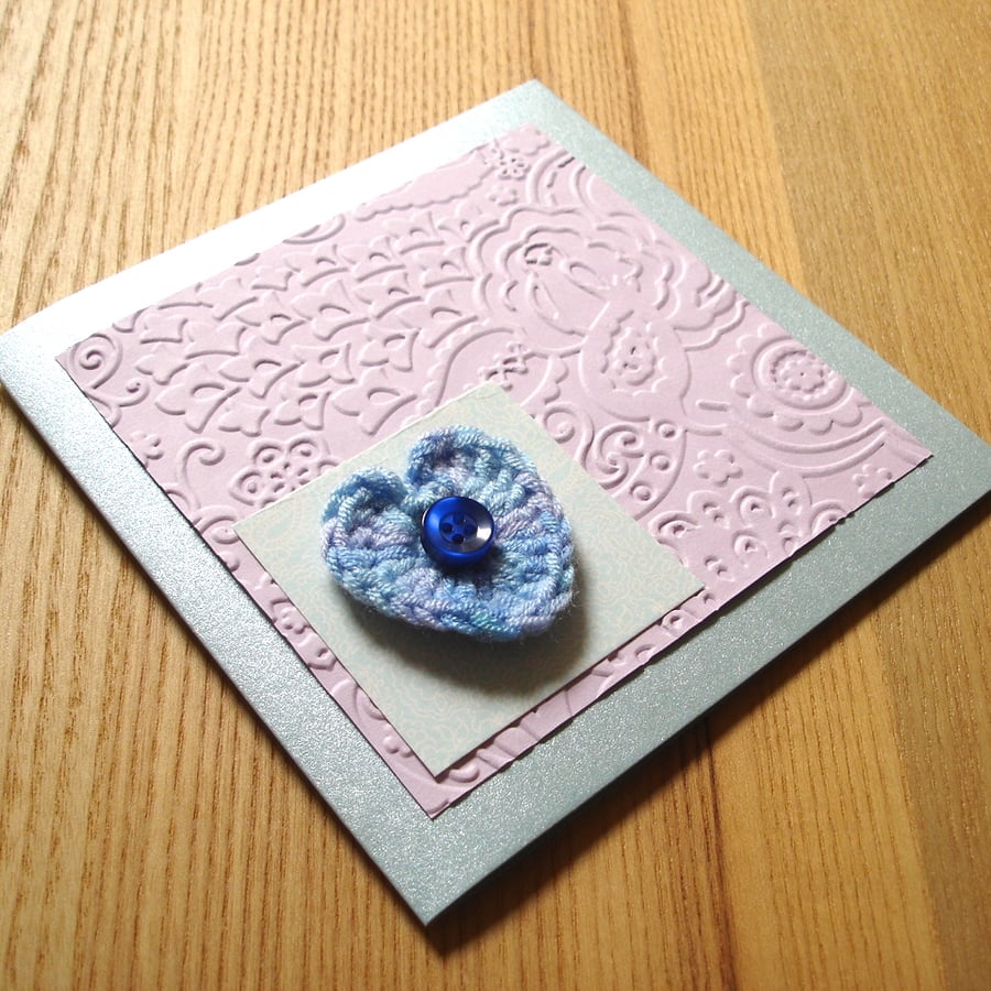 Lilac and Blue Crochet Heart Greetings Card