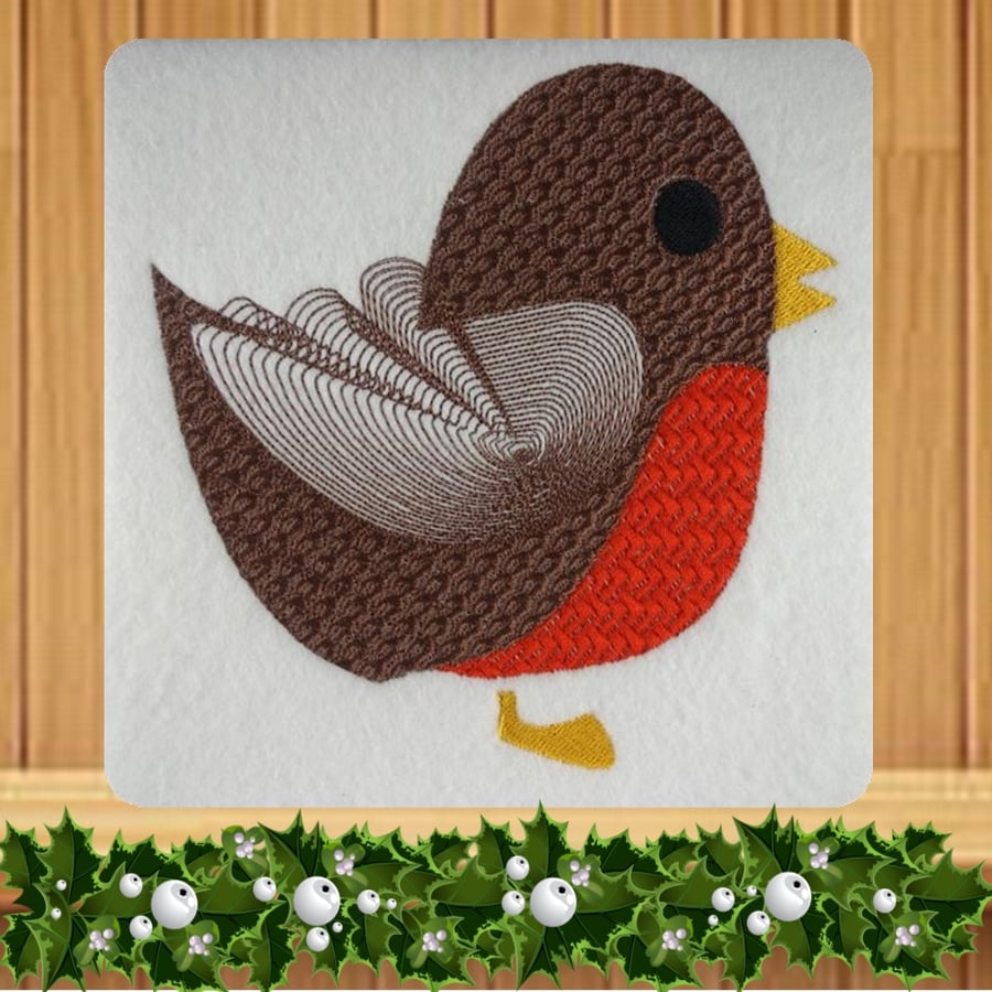 Handmade Textured Robin Christmas card embroidered design