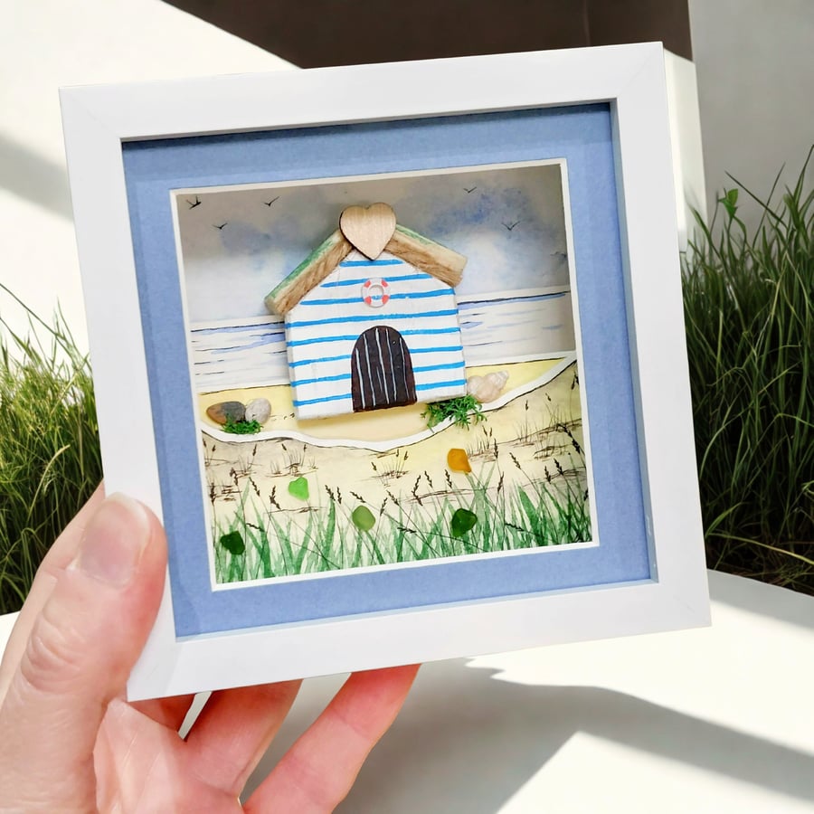 Beach Hut Desk Art - Original Watercolour - Framed Beach Glass Gift for Friends