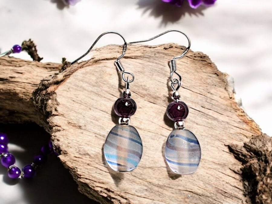 Delicate spiral earrings, glass earrings, boho jewellery