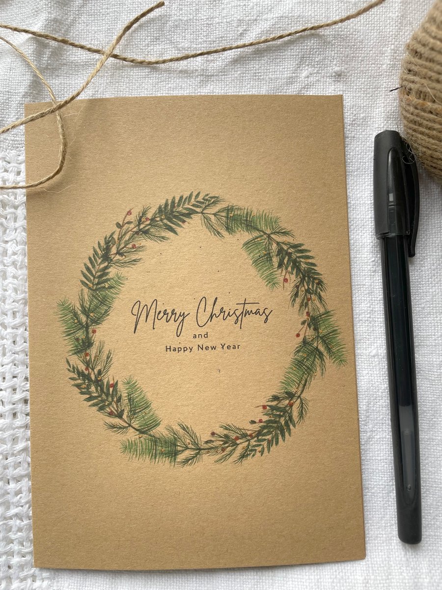 Merry Christmas & Happy New Year Card with Green Wreath and Red Berries