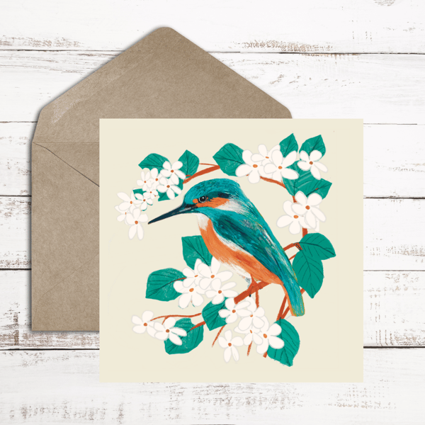 Blank card bird card kingfisher and blossoms