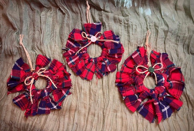 Set of 3 Upcycled Red, Blue & White Flannel Rag Wreath Ornaments Rustic Décor 
