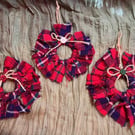 Set of 3 Upcycled Red, Blue &amp; White Flannel Rag Wreath Ornaments Rustic Décor 