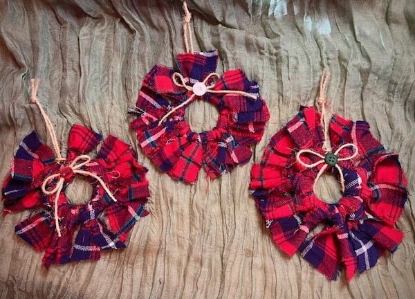 Set of 3 Upcycled Red, Blue & White Flannel Rag Wreath Ornaments Rustic Décor 