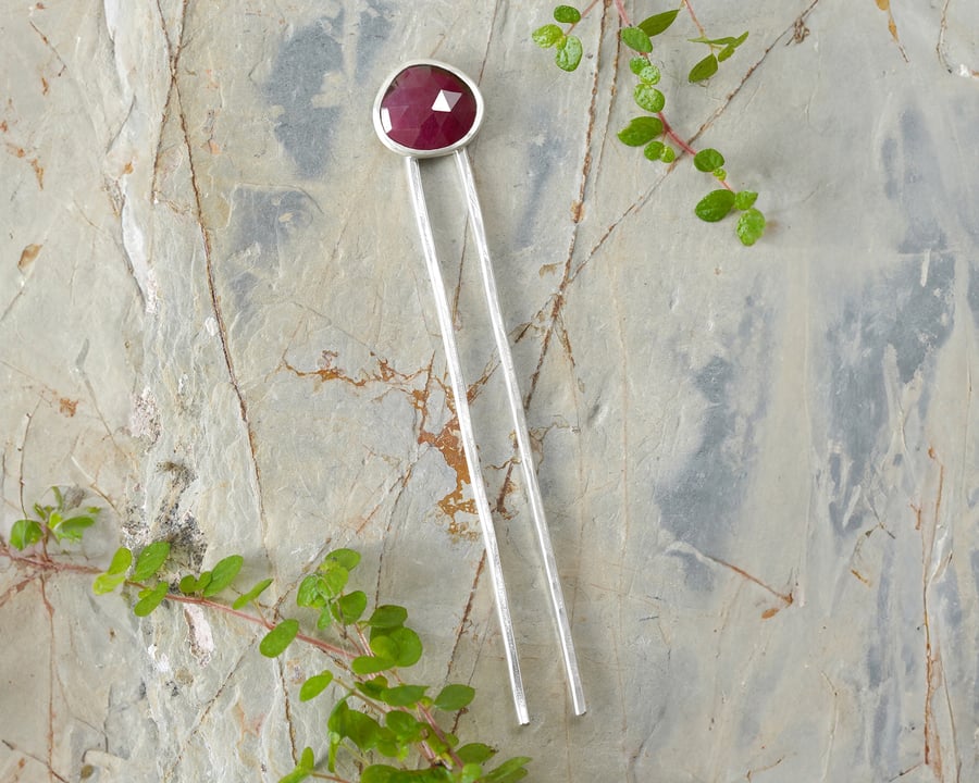 3.55ct Ruby Hair Pin in Solid Sterling Silver