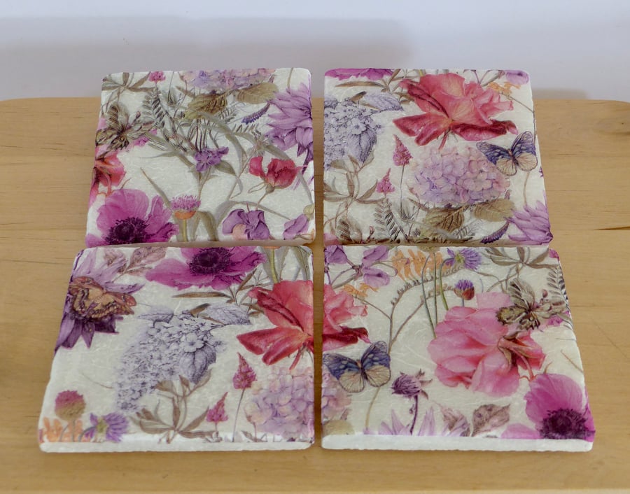 Set of 4 Pink & Lilac 'Floral' Coasters