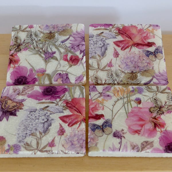Set of 4 Pink & Lilac 'Floral' Coasters