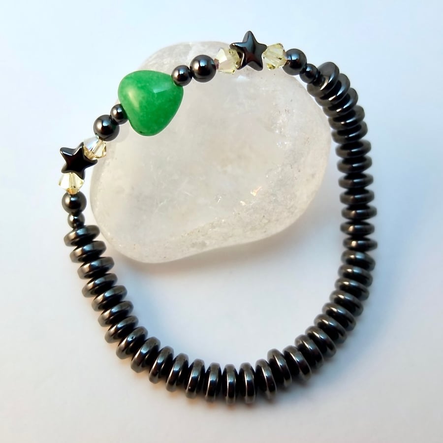 Jade Heart And Hematite Bracelet With Swarovski Crystals - Handmade In Devon