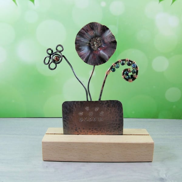 Ornament, Copper Poppy and Fern with Chrysocolla on Wooden Stand