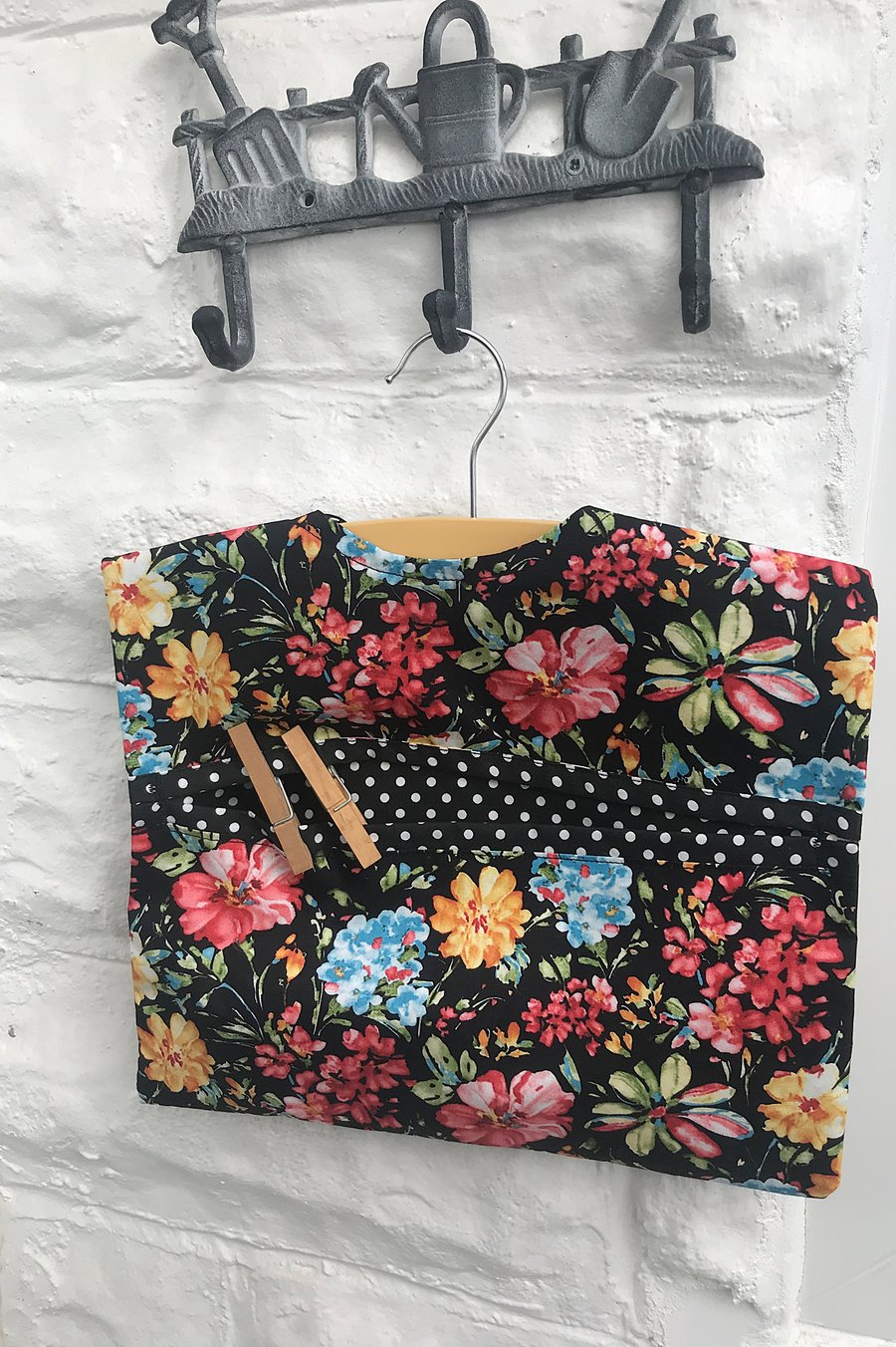 Lined Black Floral Peg Bag with wood hanger