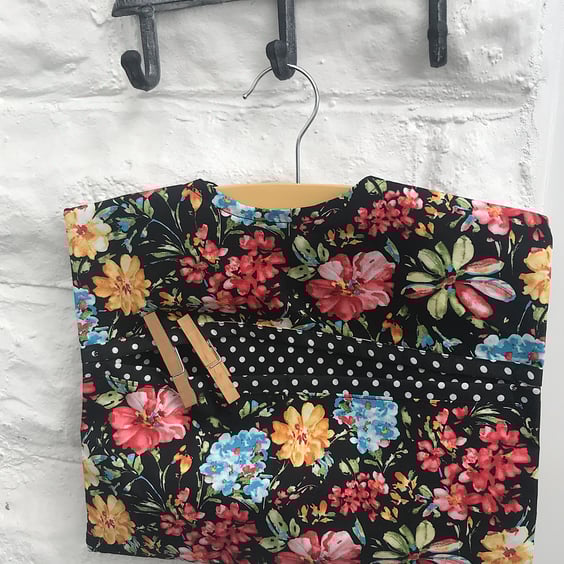 Lined Black Floral Peg Bag with wood hanger