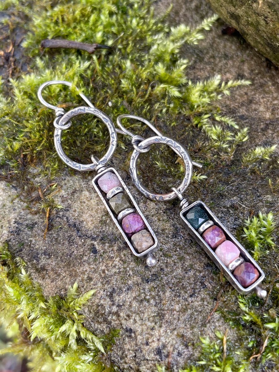 Oxidised silver and gemstone bead long colourful dangly earrings