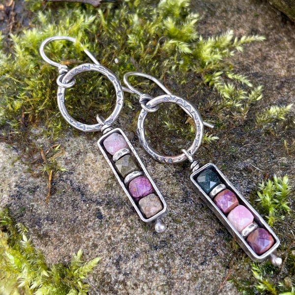 Oxidised silver and gemstone bead long colourful dangly earrings