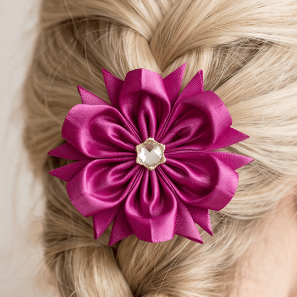 Fuchsia Ribbon Hair Clips - Kids Vibrant Accessories, Handmade in UK