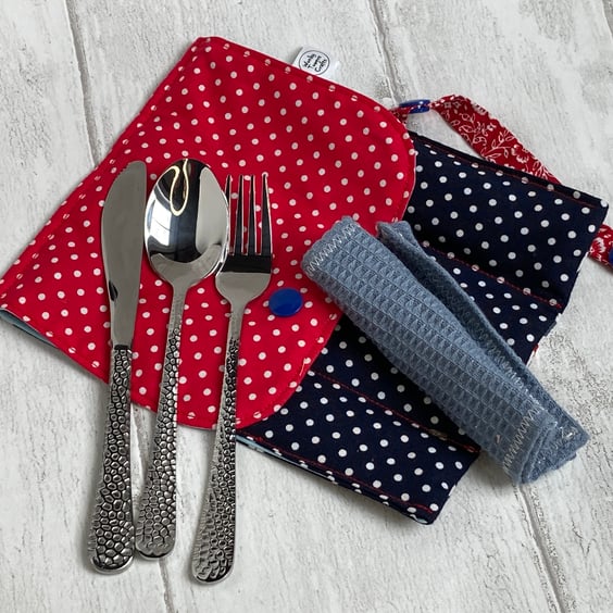 Travel cutlery roll with cutlery - navy and red spotty, dog lovers design.