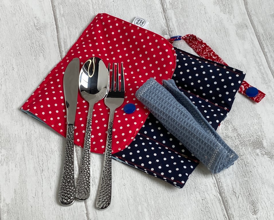 Travel cutlery roll with cutlery - navy and red spotty, dog lovers design.