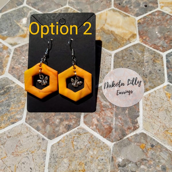 Honeycomb polymer clay earrings with bee charm