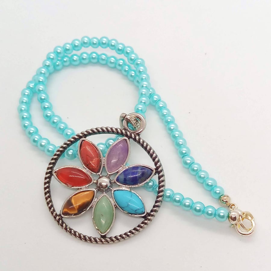 Chakra Semi Precious Floral Pendant on a Pale Blue Pearl Beaded Choker Necklace