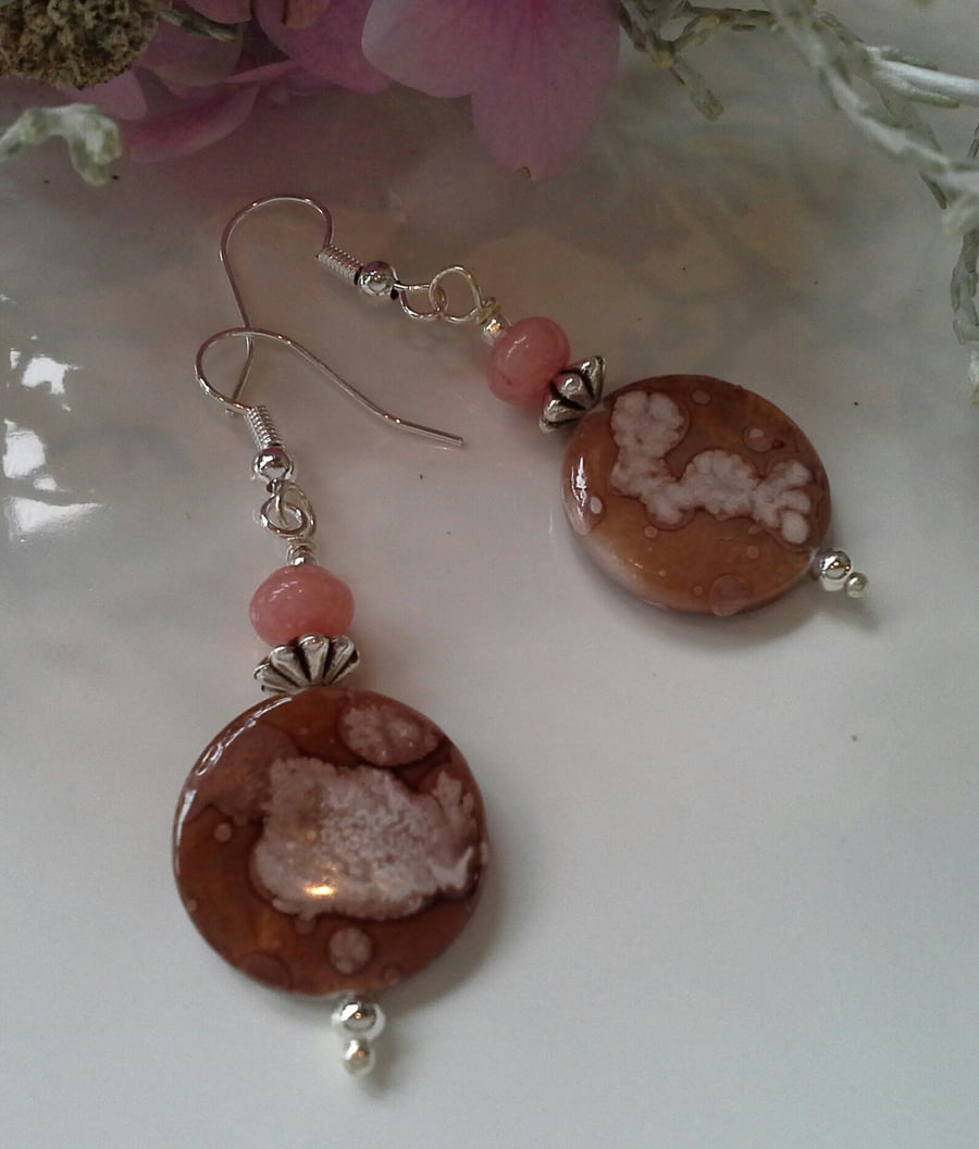 Printed Mother of Pearl & Pink Jasper Silver Plated Earrings