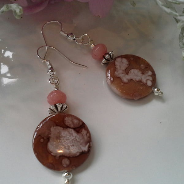 Printed Mother of Pearl & Pink Jasper Silver Plated Earrings