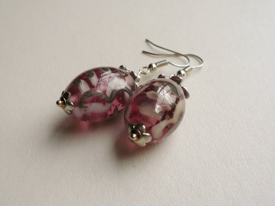 Indian Glass Pink Swirl Bead Dangle Earrings  KCJE16