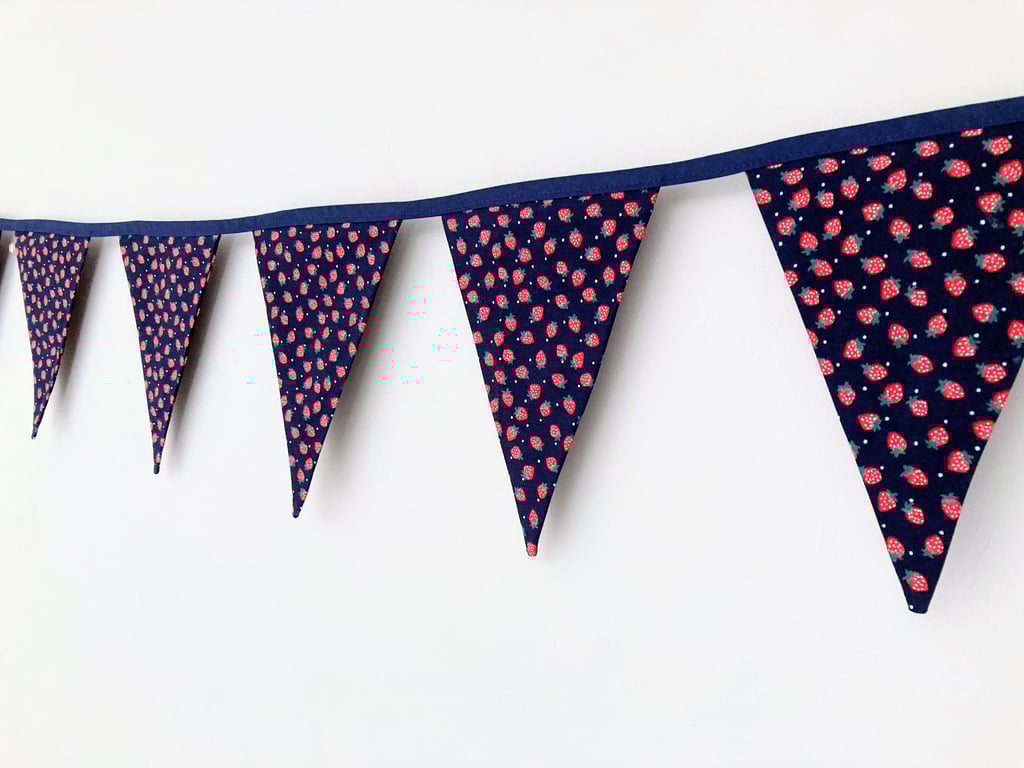 Strawberries on Blue Double Sided Cotton Fabric Bunting.