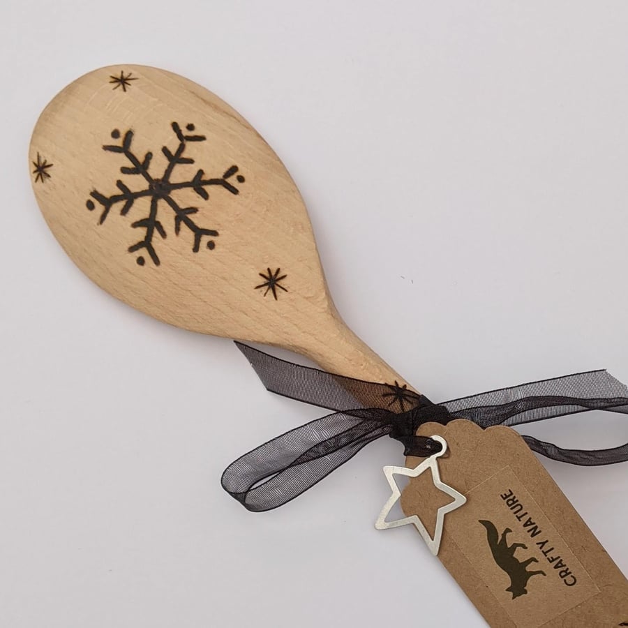 Snowflake pyrography Christmas wooden spoon