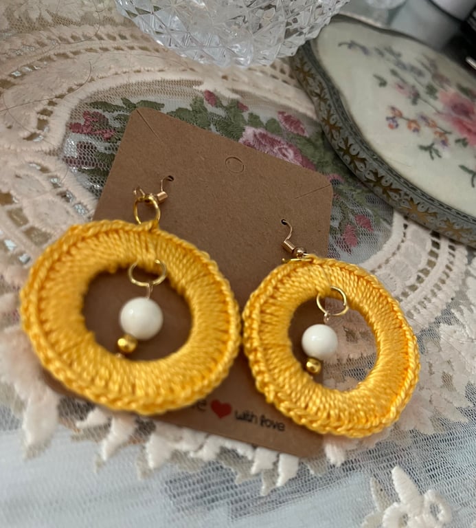 Crochet Earrings Yellow Boho Style with bead detail 