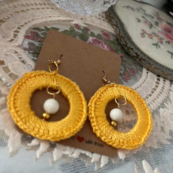 Crochet Earrings Yellow Boho Style with bead detail 