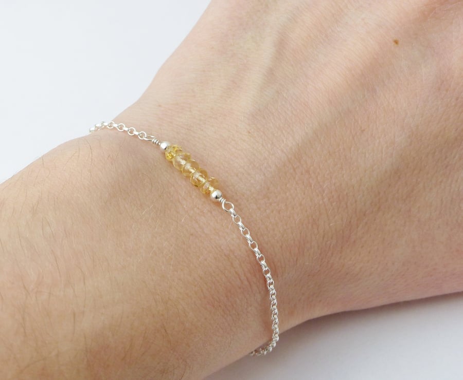 Citrine Bead Bar Sterling Silver Adjustable Bracelet, November Birthstone Gift