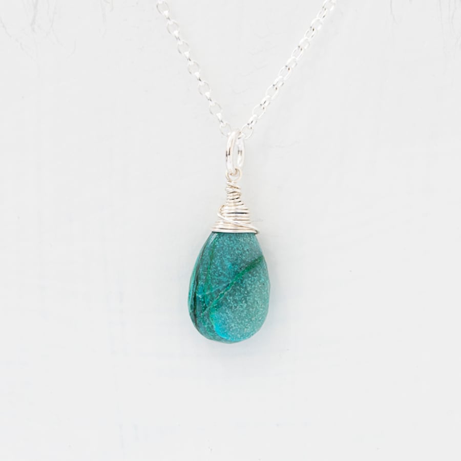 Gorgeous Blue-Green Chrysocolla Briolette Pendant on Sterling Silver Chain