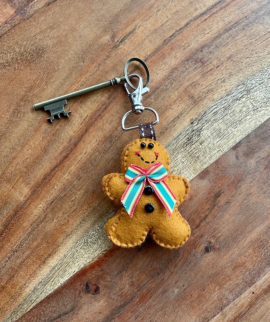 Red, Gold and Green Striped Bow Felt Gingerbread Man Keyring