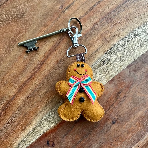 Red, Gold and Green Striped Bow Felt Gingerbread Man Keyring