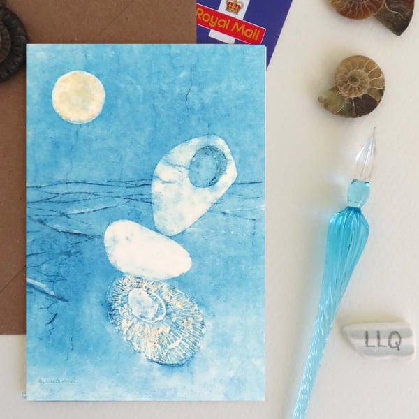 moon and beach stack blank art card shells pebbles and sea plastic free