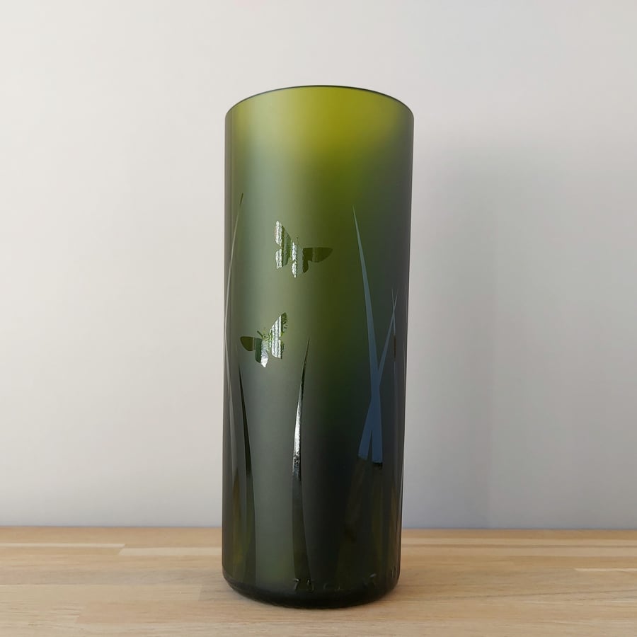 RESERVED LISTING Recycled bottle vase, olive green etched glass vase